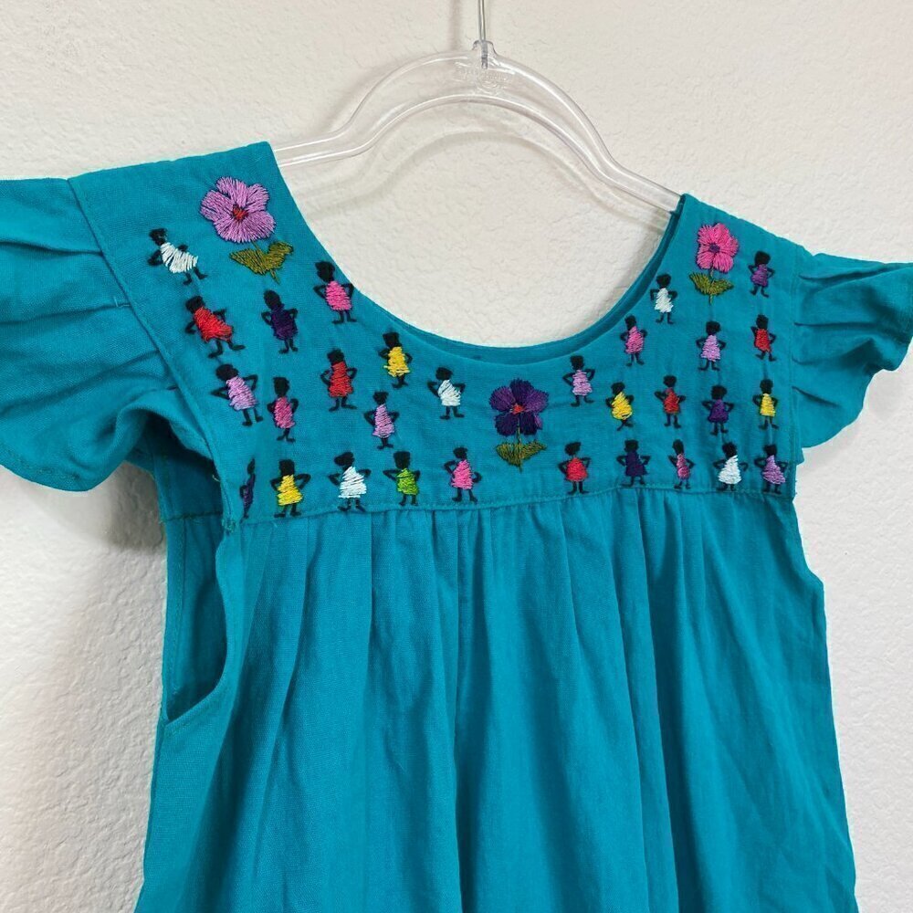 Traditional Oaxaca Mexican Girl's Dress Teal Embroidered - Picture 3 of 5